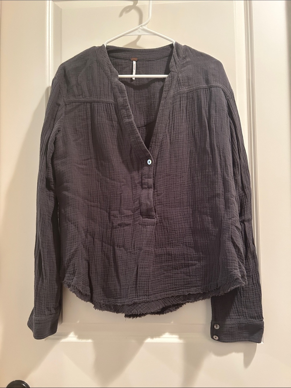 Free People Gauzy Waffle Top Banded VNeck Relaxed Cotton Lg Sleeve fringe hem XS
